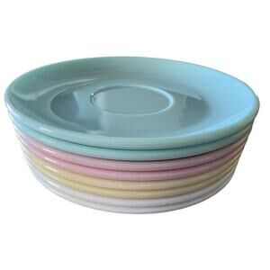 Vintage MCM Watertown Lifetime WARE Saucer Set 6 Blue Pink Yellow White Retro